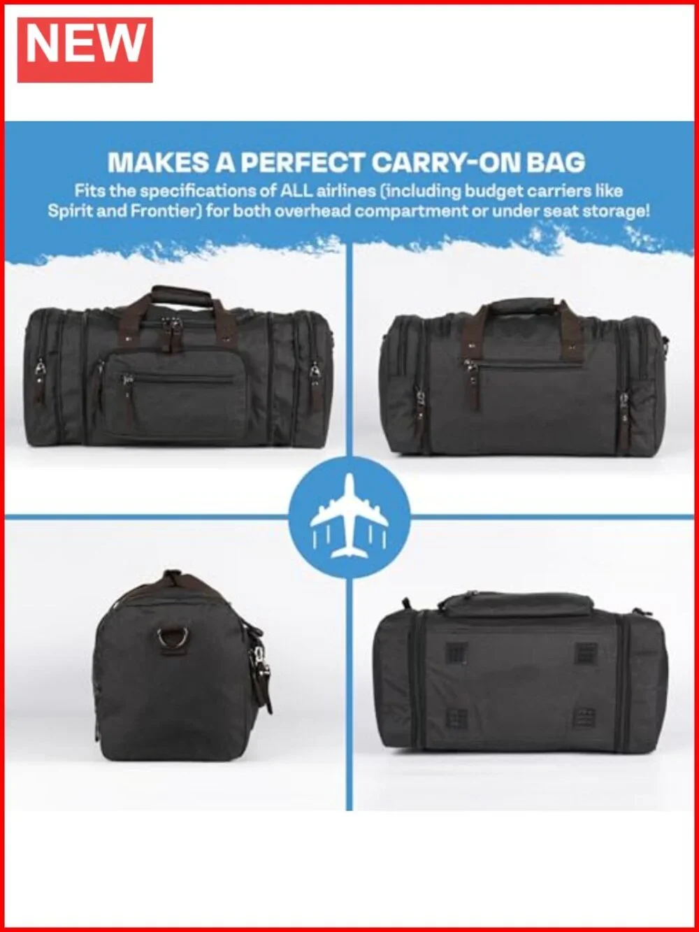 40L Expandable Carry On Duffle Bag with Pockets & Shoulder Strap